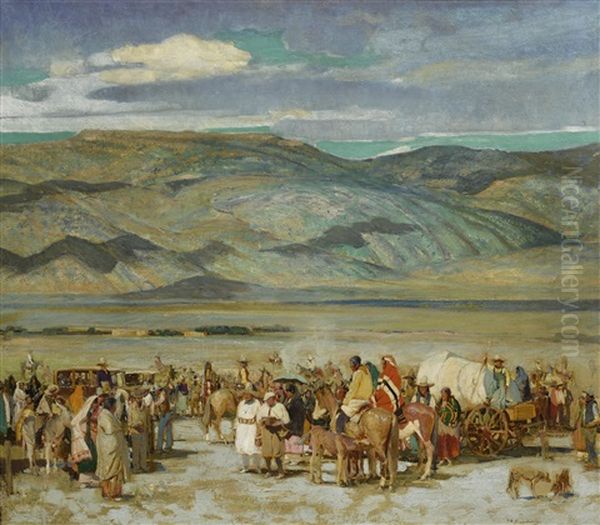 Crowd At Horse Race-taos, N. Mex Oil Painting by Oscar Edmund Berninghaus