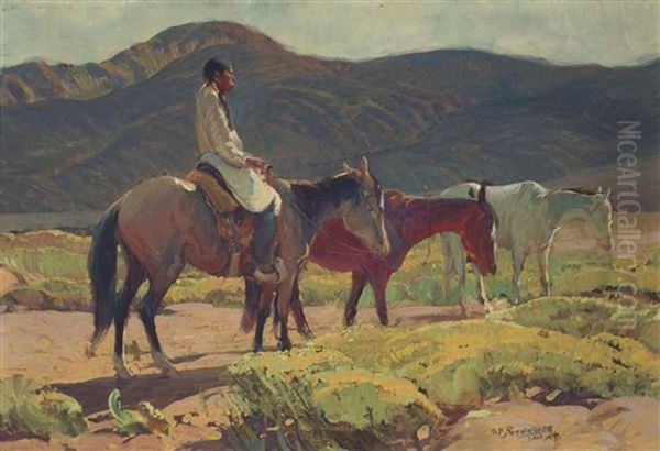 Indian With Ponies Oil Painting by Oscar Edmund Berninghaus