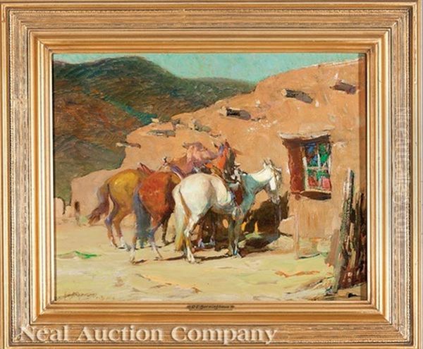 In A Street In Taos Oil Painting by Oscar Edmund Berninghaus