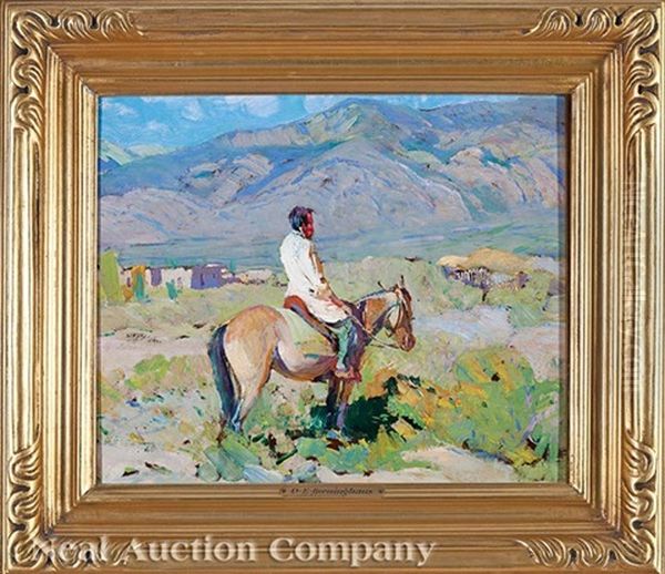 American Indian On Horseback, Taos Oil Painting by Oscar Edmund Berninghaus