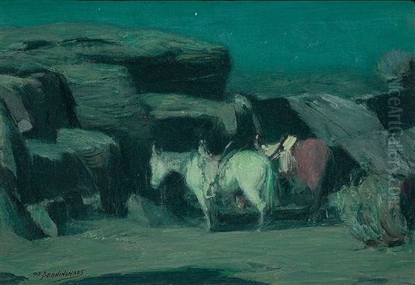 Saddled Horses In Moonlight Oil Painting by Oscar Edmund Berninghaus