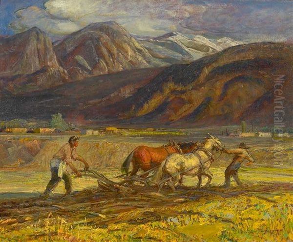 Taos Field Of Workers Oil Painting by Oscar Edmund Berninghaus