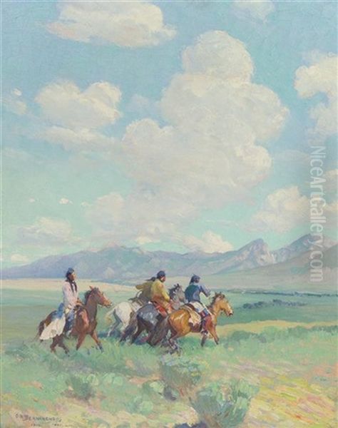 Taos Indians And The Sangre De Cristos, 1915 Oil Painting by Oscar Edmund Berninghaus