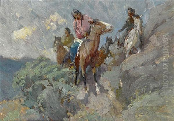 Indian Riders On A Hillside Oil Painting by Oscar Edmund Berninghaus