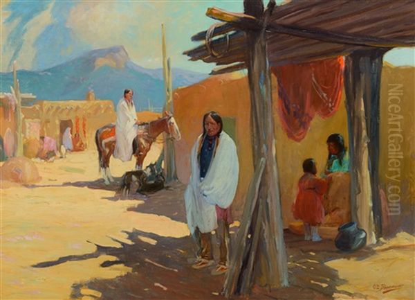 Morning Shade, Taos Pueblo Oil Painting by Oscar Edmund Berninghaus