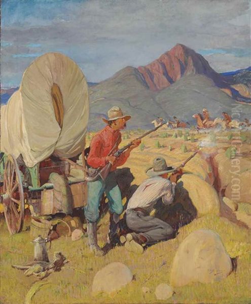 Attack On The Wagon Train Oil Painting by Oscar Edmund Berninghaus