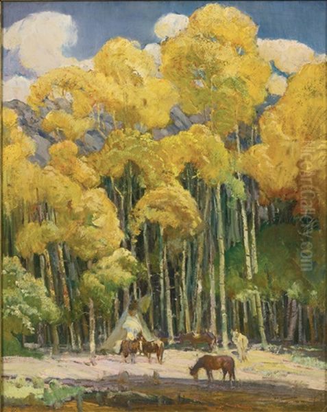 A Camp In The Aspen Forest (a Camp In The Aspens; Autumn Aspens) Oil Painting by Oscar Edmund Berninghaus