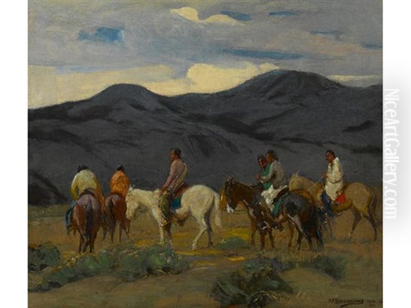 Group Of Taos Indians (riders) Oil Painting by Oscar Edmund Berninghaus