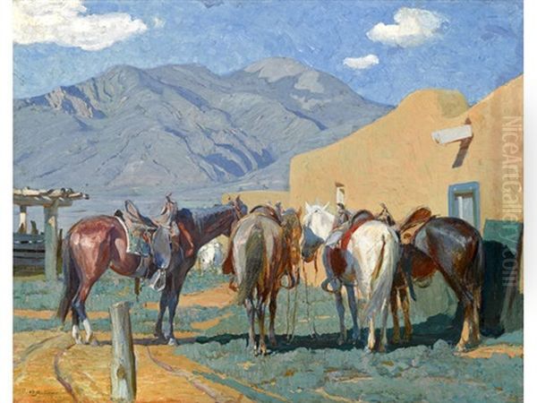 At The Hitching Post Oil Painting by Oscar Edmund Berninghaus