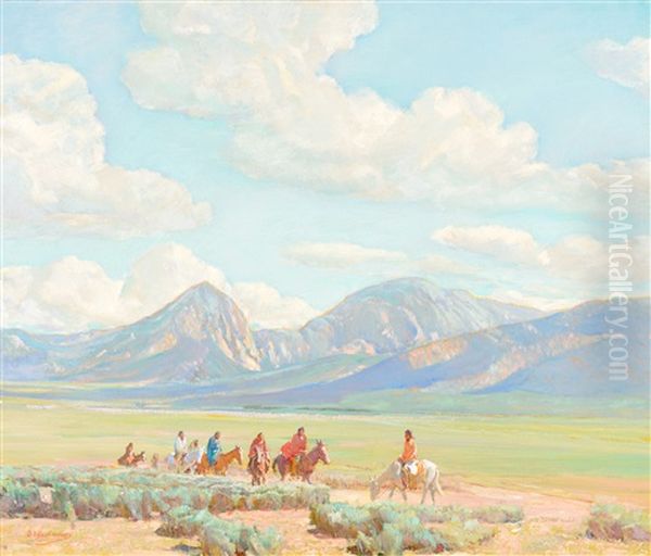 Taos Valley Indian Riders - The Gathering Oil Painting by Oscar Edmund Berninghaus