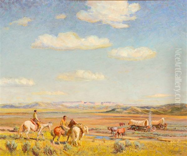 Taos Visitors To The Chuck Camp In The Rio Grande Plateau Oil Painting by Oscar Edmund Berninghaus