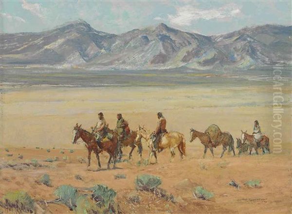 Indians Crossing The Mesa, Taos Oil Painting by Oscar Edmund Berninghaus