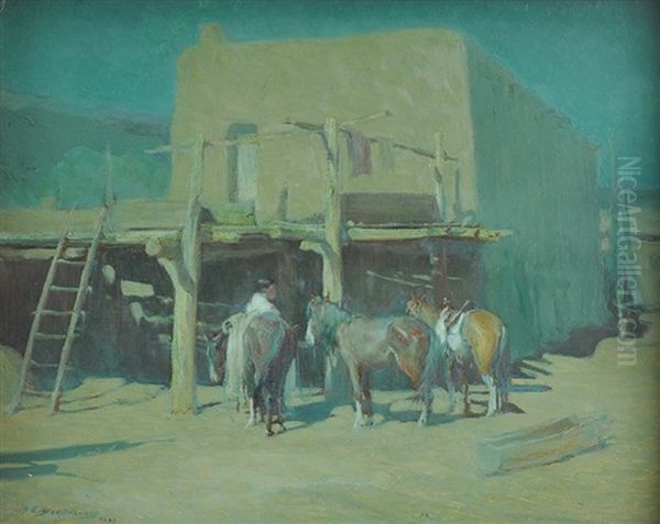 The Hitching Post And Adobe Oil Painting by Oscar Edmund Berninghaus