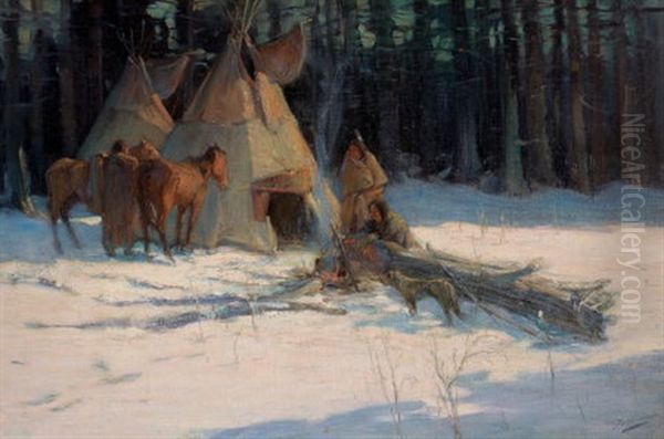 A Winter Camp Oil Painting by Oscar Edmund Berninghaus