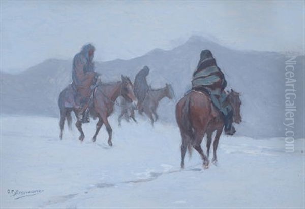 Taos Indians On Horseback Oil Painting by Oscar Edmund Berninghaus