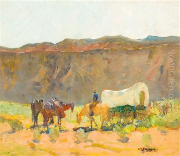 Covered Wagon In Rio Grande Gorge (+ Portrait Of Little Joe, Verso) Oil Painting by Oscar Edmund Berninghaus