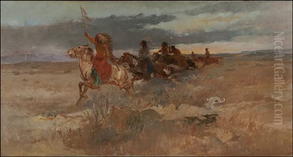 Indians Sighting Smoke In The Distance Oil Painting by Oscar Edmund Berninghaus