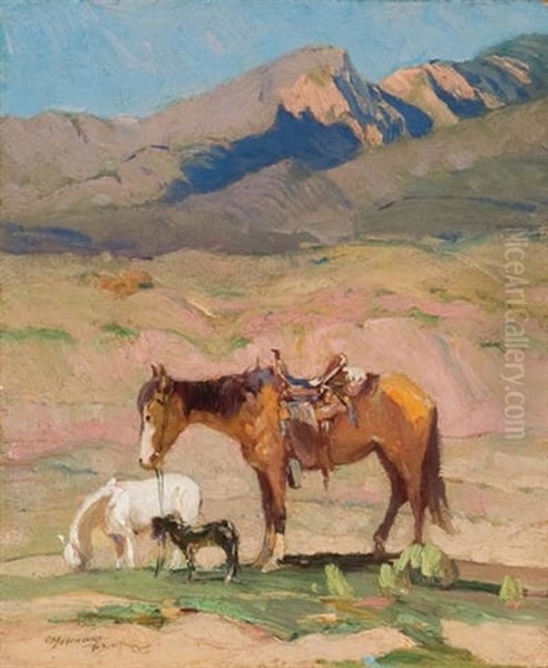 Horse Grazing In Taos Mountains, Nm Oil Painting by Oscar Edmund Berninghaus