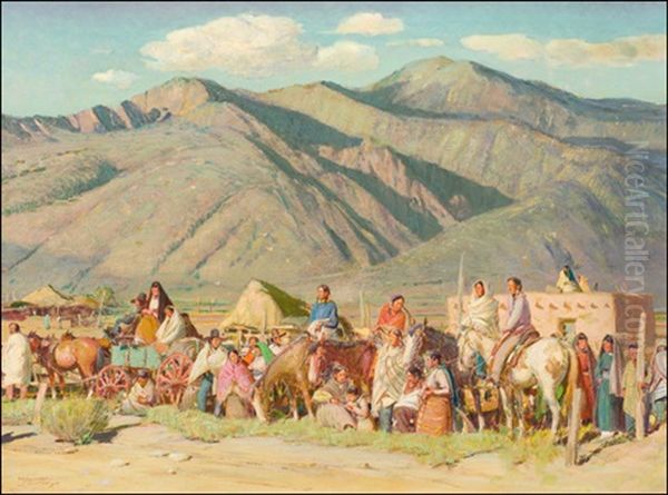 The Pueblos Await The Dancers Oil Painting by Oscar Edmund Berninghaus