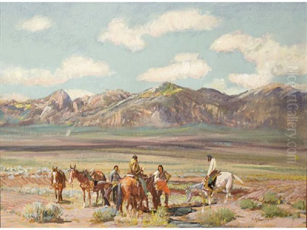 Some Indians Watering Their Horses, Taos, New Mexico Oil Painting by Oscar Edmund Berninghaus