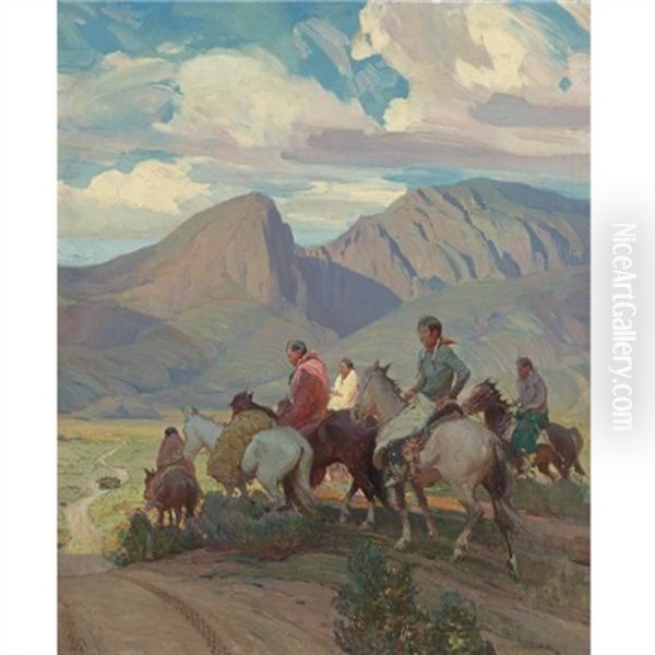 Indians On Horseback Oil Painting by Oscar Edmund Berninghaus