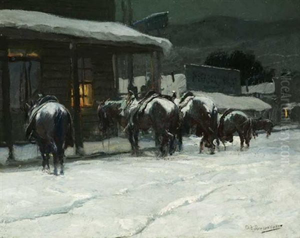 Snow Scene - Horses At Hitching Post Oil Painting by Oscar Edmund Berninghaus