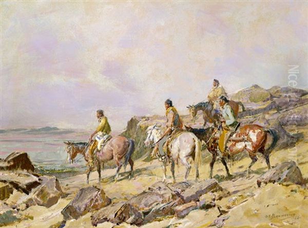 Indians In Rocky Landscape Oil Painting by Oscar Edmund Berninghaus