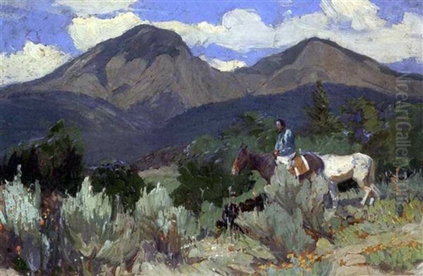 Indian And Taos Mountain Oil Painting by Oscar Edmund Berninghaus