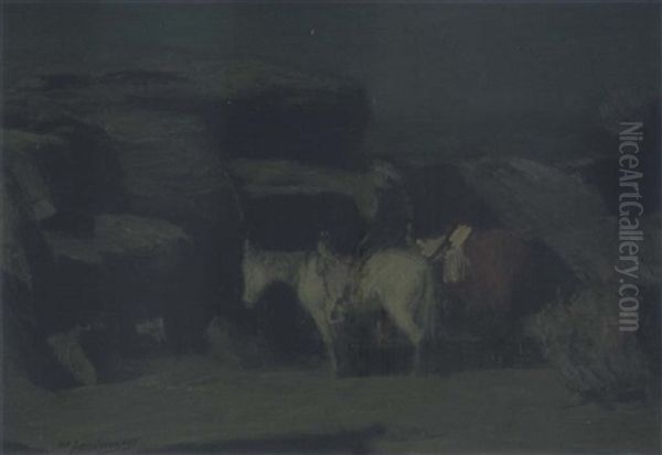 Saddled Horses In Moonlight Oil Painting by Oscar Edmund Berninghaus