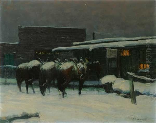 Horses Standing In Winter Street Scene by Oscar Edmund Berninghaus