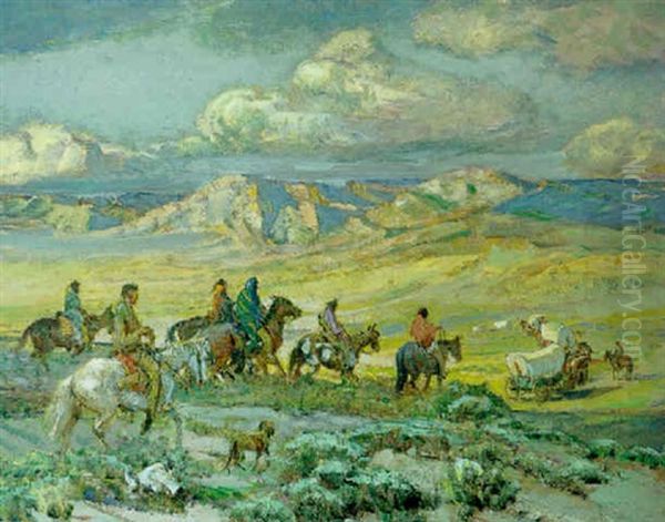 Friendly Indians Watching A Wagon Train Oil Painting by Oscar Edmund Berninghaus