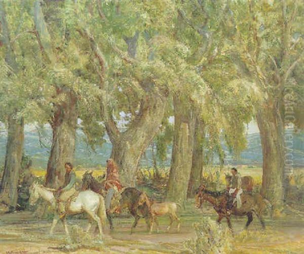 Road Under Cottonwoods Oil Painting by Oscar Edmund Berninghaus