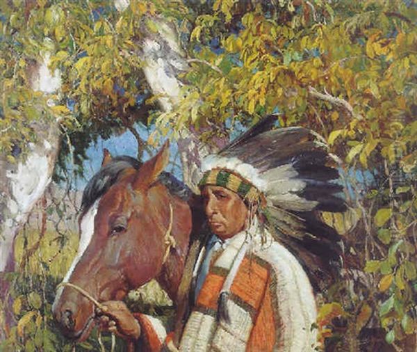 Indian Chief And Pony Oil Painting by Oscar Edmund Berninghaus