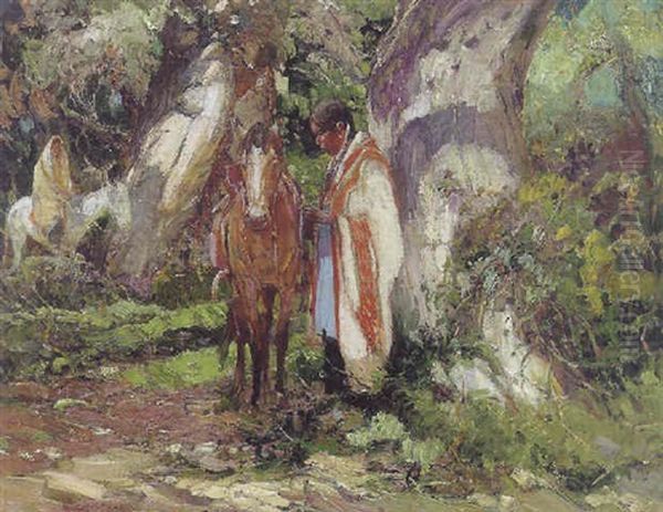 Indians In The Woods: Hondo Canyon Oil Painting by Oscar Edmund Berninghaus