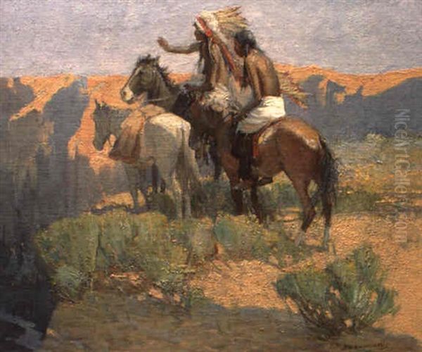 Indians On Overlook Oil Painting by Oscar Edmund Berninghaus