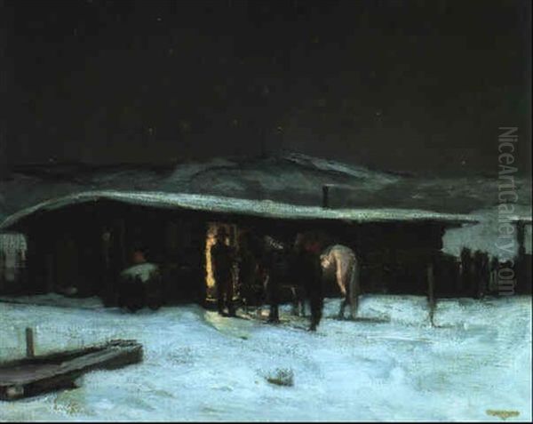 Ranch Cabin, Starry Night, Taos Oil Painting by Oscar Edmund Berninghaus