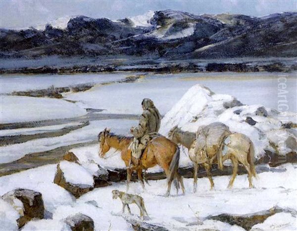 On The Trail, Winter Oil Painting by Oscar Edmund Berninghaus