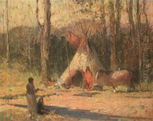 At The Campsite Oil Painting by Oscar Edmund Berninghaus