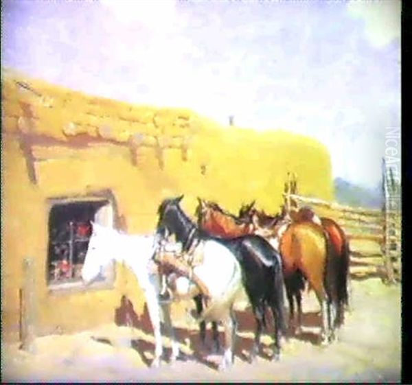 Some Mexican Ponies Oil Painting by Oscar Edmund Berninghaus