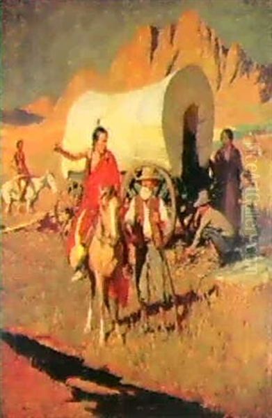 Stopped Wagon With Indians And Settlers Oil Painting by Oscar Edmund Berninghaus