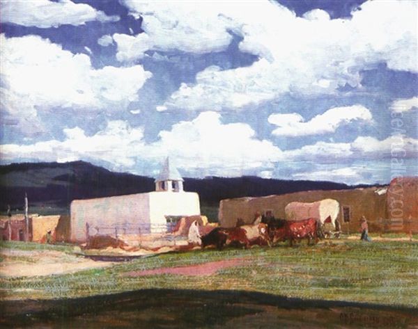 A Street In Taos Oil Painting by Oscar Edmund Berninghaus