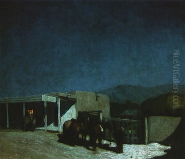 Horses In Front Of Kit Carson's House Oil Painting by Oscar Edmund Berninghaus