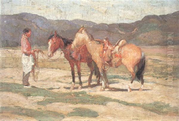 Indian With Two Horses Oil Painting by Oscar Edmund Berninghaus