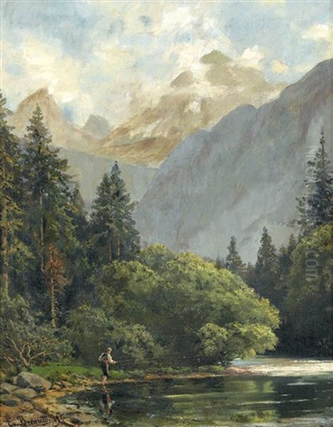 Flusslandschaft Bei Berchtesgaden Mit Angler by Ernst Von Bernuth