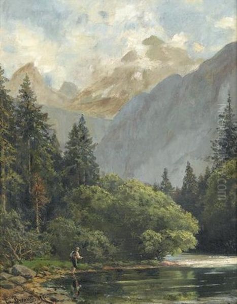 Landschaft Bei Berchtesgaden Mit Angler Am Flussbett Oil Painting by Ernst Von Bernuth