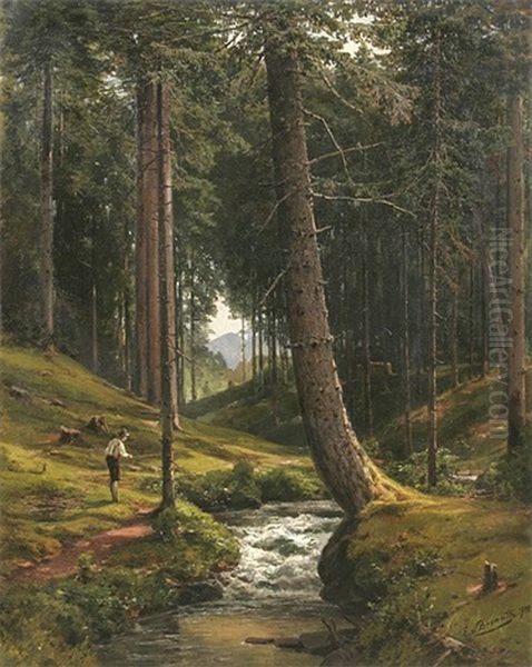 Lichtdurchflutetes Waldstuck Mit Angler An Einem Wildbach Oil Painting by Ernst Von Bernuth