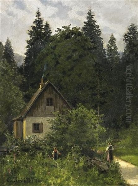 Sommertag Im Gebirge. Bauersleut Vor Einsamer Kate Am Waldesrand Oil Painting by Ernst Von Bernuth