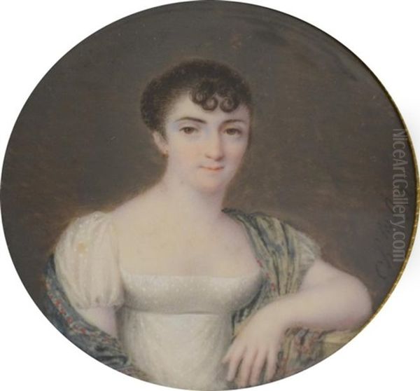 Portrait De Jeune Femme En Robe Blanche, Ses Epaules Couvertes D'un Chale En Cachemire Dans Les Tons Vert Oil Painting by Charles Antoine Claude Berny d'Ouville