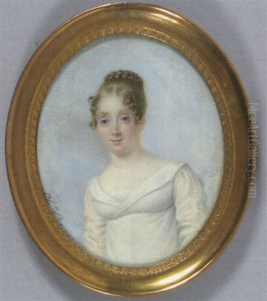 Portrait De Femme En Robe De Soie Blanche Et Coiffee De Tresse, Fond De Ciel Nuageux Oil Painting by Charles Antoine Claude Berny d'Ouville