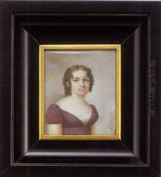 Portrait De Jeune Fille En Robe De Soie Prune, Coiffee D'anglaises Et Ve Sur Fond De Ciel Nuageux Oil Painting by Charles Antoine Claude Berny d'Ouville